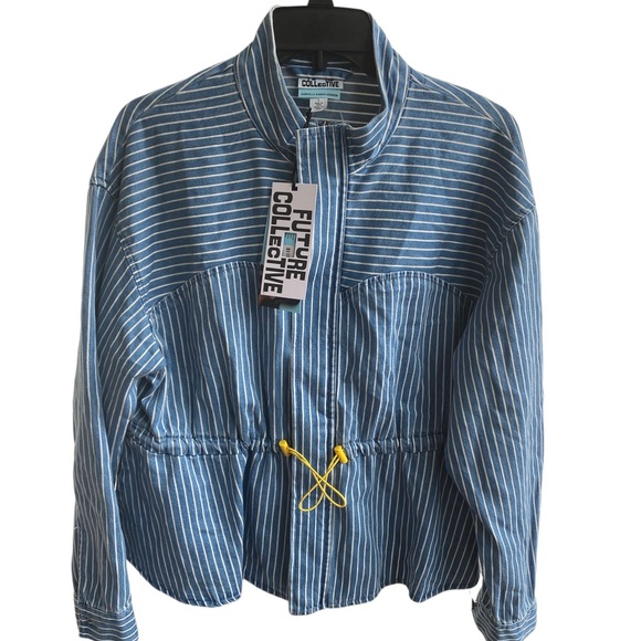 Future Collective™ with Gabriella Karefa-Johnson Peplum denim jacket Striped L - Picture 8 of 9